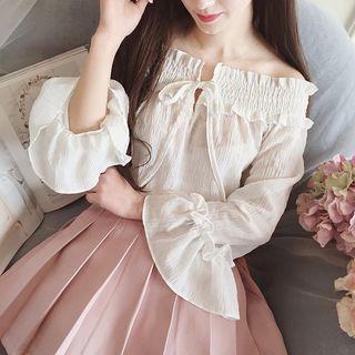 Plain Tie Front Off Shoulder Long Sleeve Top