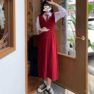Set : Puff-sleeve Plain Shirt + Plain V-neck Knit Jumper Skirt