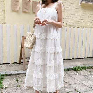 Tie-shoulder Eyelet-lace Trim Sundress White - One Size