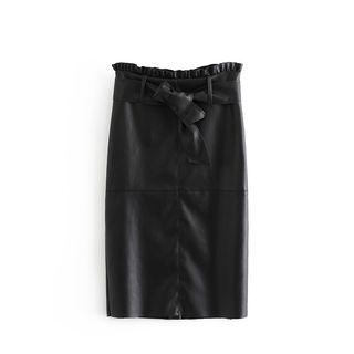 Bow Waist Faux-leather Pencil Skirt