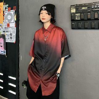 Short Sleeve Gradient Button-up Oversized Shirt Black & Red - One Size