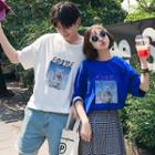 Couple Matching Cat Printed Elbow-sleeve T-shirt