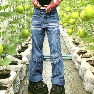 High-waist Washed Pocket Straight-fit Jeans