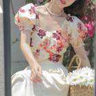 Puff-sleeve Floral Print Cropped Blouse / Midi A-line Skirt
