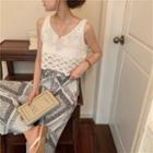 Perforated Lace Sleeveless Top / Print Loose-fit Pants