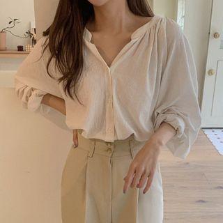 Plain Long-sleeve Blouse Off-white - One Size