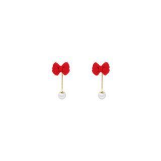 Bow Faux Pearl Drop Earring 1 Pair - Gold & Red & White - One Size