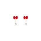 Bow Faux Pearl Drop Earring 1 Pair - Gold & Red & White - One Size