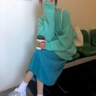 Long-sleeve Plain Knit Top / High-waist Plain Split Skirt