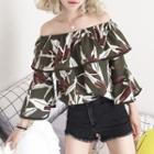 Flounced Off-shoulder Printed Long-sleeve Top