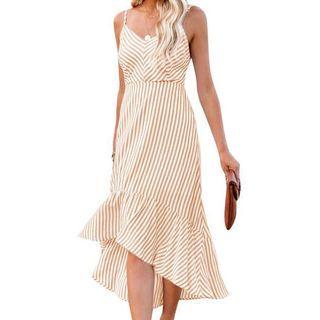 Spaghetti-strap Striped Ruffle-trim Open Back Midi A-line Dress