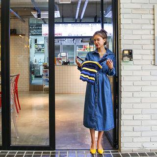 Denim Long Shirtdress With Sash