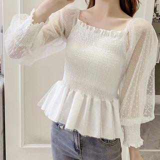 Lantern-sleeve Peplum Mesh Blouse