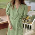 Puff-sleeve Button-up Tie-strap Floral Midi Dress