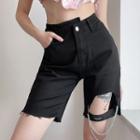 Asymmetrical Waist Cutout Chained Denim Shorts