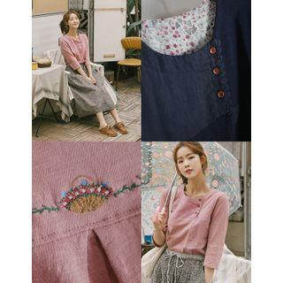 Button-trim Linen Blend Top