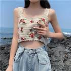 Rose Embroidered Cropped Knit Camisole / High-waist Washed Wide Leg Jeans