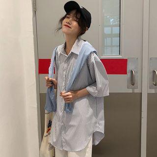 Plain Long-sleeve T-shirt / Striped Elbow-sleeve Shirt