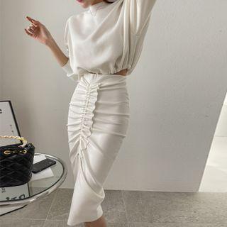 Set: Cropped Sweatshirt + Drawstring-front Midi Skirt