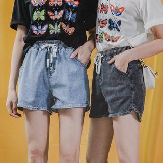 Elastic High-waist Denim Shorts