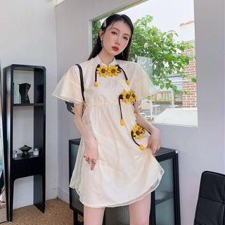 Elbow-sleeve Flower Applique Mesh Mini A-line Dress