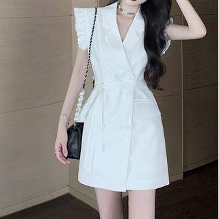 Sleeveless Double-breasted Frill Trim Blazer Dress