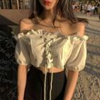 Ruffled Off-shoulder Lace-up Cropped Blouse