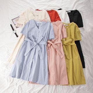 Short-sleeve Sashed Button Midi A-line Dress