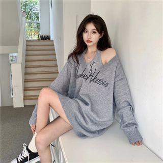 Set: Halter-neck Lettering Tank Top + V-neck Sweater