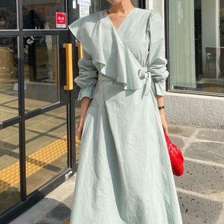 Bell-sleeve V-neck Ruffle Trim Plain Dress