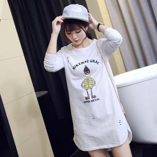 Cartoon Print Distressed Crewneck T-shirt