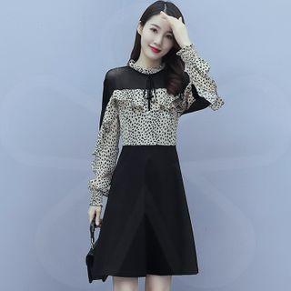Long-sleeve Ruffled Trim Panel Leopard A-line Dress