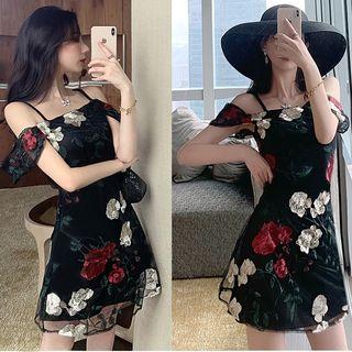 Cold-shoulder Floral Embroidered A-line Mesh Dress