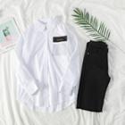 Set: Applique Long-sleeve Loose-fit Shirt + Denim Shorts