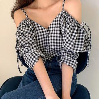 Cold-shoulder Gingham Blouse Gingham - Black & White - One Size