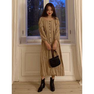Puff-sleeve Striped Long Shirtdress