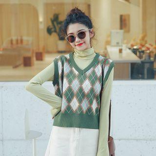 Mock-turtleneck Long-sleeve Top / Argyle Knit Vest