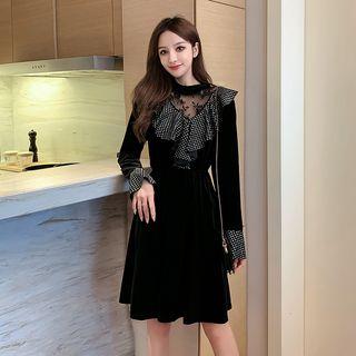 Long-sleeve Ruffle Mini A-line Velvet Dress