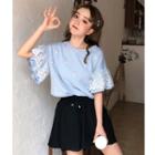 Elbow-sleeve Lace Trim Sequined Star T-shirt