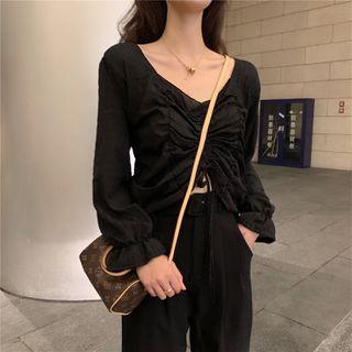 Drawstring Cropped Bell-sleeve Blouse