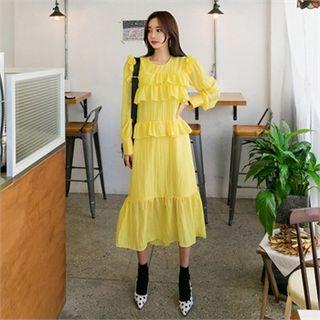 Round-neck Frill-trim Long Dress
