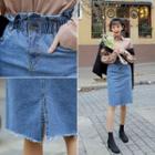 Paperbag-waist Distressed Denim Skirt