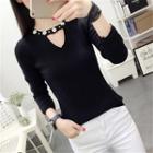 Long-sleeve Beaded Open Front Knit Top