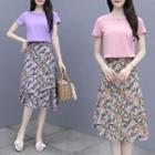 Short-sleeve Plain T-shirt / Floral Print Skirt / Set