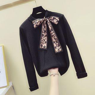 Leopard Print Bow Mock-neck Sweater
