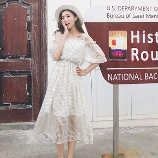 Elbow-sleeve Cold Shoulder Plaid A-line Midi Dress
