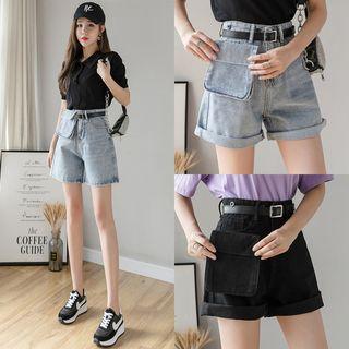 Set: Washed Denim Shorts + Denim Waist Bag