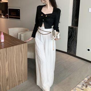 Long-sleeve Slit Top / High-waist Wide-leg Pants