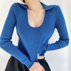 Long Sleeve Collar Plain Ribbed-knit Sweater