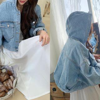 Hooded Drop-shoulder Denim Jacket Light Blue - One Size